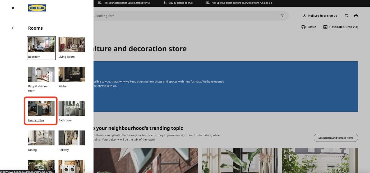IKEA homepage with main categories applying Hick's law