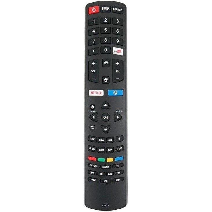 Comparison between a traditional remote with many buttons and the Apple TV remote with few buttons